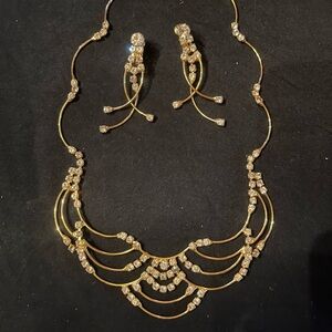 Vintage Gold Tone and Rhinestone Necklace and Earring Set